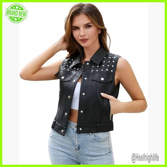 Jackets & Blazers - Faux Leather Biker Vest with Rivet Details, Sleeveless Fitted Waistcoat